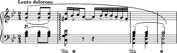 
\new PianoStaff \with { connectArpeggios = ##t } <<
  \new Staff = "up" { \relative c'' { \key g \minor \time 2/4 \clef treble
    \override Score.MetronomeMark #'padding = #4
    \set Score.tempoHideNote = ##t \tempo "Lento doloroso" 4 = 32
    \set Staff.midiInstrument = #"acoustic grand"
    \stemUp
    \once \override PhrasingSlur #'control-points = #'((0.69 . 4.69) (16.9 . 6.9) (69 . 6.9) (69 . -4))
    <g d'>4--(^\( q8-- q--) |
    \override TupletBracket #'stencil = ##f
    \override TupletNumber #'Y-offset = #-2
    \times 2/3 { <fis d'>16\arpeggio bes c } a8 ~ a16 bes32-- c-- bes-- a-- g-- fis-- |
    \change Staff = "down"
    <bes, d>4^-^( q^- | q2^-)\)
  }}
  \new Dynamics { s2\p }
  \new Staff = "down" { \relative c' { \key g \minor \time 2/4 \clef bass
    \set Staff.midiInstrument = #"acoustic grand"
    \stemDown
    <g bes d>4--( q8-- q--) |
    <c, g' a es'>8\arpeggio r r4
    <g d' g>4 q | q2
  }}
  \new Dynamics { s2 s16\sustainOn s4..\sustainOff s2\sustainOn s\sustainOff }
>>
