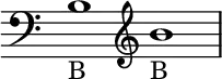 { \new Staff \with{ \magnifyStaff #3/2 } << \time 2/1 \override Score.TimeSignature #'stencil = ##f { \clef bass b1_B \clef treble b'_B } >> }