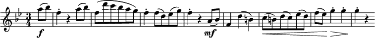 \relative a'' {
\key bes \major \time 3/4
\partial 4 a8( \f bes) | f4-. r a8( bes)
f8( d' c bes a g) | f4-. f8( d) es( g) | f4-. r a,8( \mf bes)
f4 d'( b) | c8( \< b) d( c) es( d)
f8( es) \! \once \override Hairpin.extra-offset = #'( 0 . -0.8) g4-.\> g-. |g4-. \! r
}