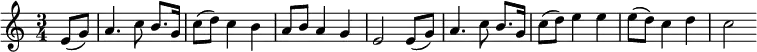 \relative f' { \time 3/4 \key c \major \partial 4 e8( g) a4. c8 b8. g16 c8( d) c4 b a8 b a4 g e2 e8( g) a4. c8 b8. g16 c8( d) e4 e e8( d) c4 d c2}
