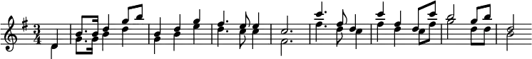 \relative c' { \clef treble \key g \major \time 3/4 \partial 4*1 << { d4 | b'8. b16 d4 g8 b | b,4 d g | fis4. e8 e4 | c2. | c'4. fis,8 d4 | c' fis, d8 c' | b2 g8 b | d,2 } \\ { d,4 | g8. g16 b4 d | g, b e | d4. c8 c4 | fis,2. | fis'4. d8 c4 | fis d c8 fis | g2 d8 d | b2 } >> }