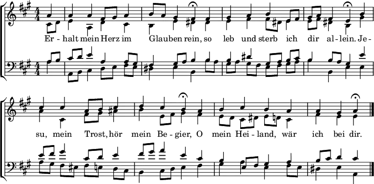 \header { tagline = " " }
\layout { indent = 0 \context { \Score \remove "Bar_number_engraver" } }
global = { \transposition b \key a \major \numericTimeSignature \time 4/4 \set Score.tempoHideNote = ##t \set Timing.beamExceptions = #'() }
\score {
\new ChoirStaff <<
\new Staff
<<
\new Voice = "soprano" { \voiceOne
\relative c'' { \global
\partial 4 a4 |
a a fis8 gis a4 | b8 a gis4 fis\fermata fis |
gis a b e,8 fis | gis a fis4 e\fermata b' |
cis cis a8 b cis4 | d cis b\fermata a |
b cis b a | a gis a\fermata \bar "|."
}
}
\new Voice = "alto" { \voiceTwo
\relative c' { \global
\partial 4 cis8 d |
e4 a, d cis | b e dis dis |
e fis fis8 dis e4 | e8 fis dis4 b gis' |
a cis, fis8 gis ais4 | b e,8 fis gis4 fis |
e8 d cis dis e d cis4 | fis e e
}
}
>>
\new Lyrics \lyricsto "soprano" {
Er -- halt mein Herz _ im Glau -- _ ben rein,
so leb und sterb ich _ dir _ al -- lein.
Je -- su, mein Trost, _ hör mein Be -- gier,
O mein Hei -- land, wär ich bei dir.
}
\new Staff
<<
\clef bass
\new Voice = "tenor" { \voiceOne
\relative c' { \global
\partial 4 a8 b |
cis d e4 a, a8 gis | fis4 gis8 a b4 b |
b dis gis,8 a b cis | b4 b8 a gis4 e' |
e8 fis gis4 cis,8 d e4 | fis8 gis a4 e cis |
b e,8 fis gis4 a | b8 cis d4 cis
}
}
\new Voice = "bass" { \voiceTwo
\relative c' { \global
\partial 4 a4 |
a,8 b cis4 d8 e fis e | dis4 e b b'8 a |
gis a gis fis e fis gis a | b4 b, e e |
a8 gis fis eis fis e d cis | b4 cis8 d e4 fis |
gis a e fis8 e | dis4 e a,
}
}
>>
>>
\layout { }
}
\score {
\new ChoirStaff <<
\new Staff \with { midiInstrument = "choir aahs" }
<<
\new Voice = "soprano" { \voiceOne
\relative c'' { \global
\tempo 4=76
\partial 4 a4 |
a a fis8 gis a4 | b8 a gis4 \tempo 4=60 fis8 r8 \tempo 4=76 fis4 |
gis a b e,8 fis | gis a fis4 \tempo 4=60 e8 r8 \tempo 4=76 b'4 |
cis cis a8 b cis4 | d cis \tempo 4=60 b8 r8 \tempo 4=76 a4 |
b cis b a | \tempo 4=60 a \tempo 4=44 gis \tempo 4=24 a r
}
}
\new Voice = "alto" { \voiceTwo
\relative c' { \global
\partial 4 cis8 d |
e4 a, d cis | b e dis8 r8 dis4 |
e fis fis8 dis e4 | e8 fis dis4 b8 r8 gis'4 |
a cis, fis8 gis ais4 | b e,8 fis gis8 r8 fis4 |
e8 d cis dis e d cis4 | fis e e r
}
}
>>
\new Staff \with { midiInstrument = "choir aahs" }
<<
\clef bass
\new Voice = "tenor" { \voiceOne
\relative c' { \global
\partial 4 a8 b |
cis d e4 a, a8 gis | fis4 gis8 a b8 r8 b4 |
b dis gis,8 a b cis | b4 b8 a gis r e'4 |
e8 fis gis4 cis,8 d e4 | fis8 gis a4 e8 r8 cis4 |
b e,8 fis gis4 a | b8 cis d4 cis r
}
}
\new Voice = "bass" { \voiceTwo
\relative c' { \global
\partial 4 a4 |
a,8 b cis4 d8 e fis e | dis4 e b8 r8 b' a |
gis a gis fis e fis gis a | b4 b, e8 r8 e4 |
a8 gis fis eis fis e d cis | b4 cis8 d e r fis4 |
gis a e fis8 e | dis4 e a, r
}
}
>>
>>
\midi { }
}