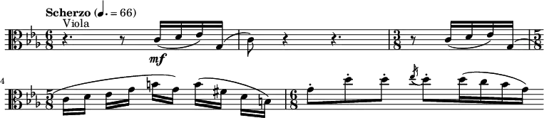 
\relative c' {
    \clef "alto" \time 6/8 \key c \minor | % 1
    \set Staff.midiInstrument = "violin"
    \tempo "Scherzo" 4.=66 r4. ^ "Viola" r8 \stemUp c16 ( [ _\mf \stemUp
    d16 \stemUp es16 ) \stemUp g,16 ( ] | % 2
    \stemDown c8 ) r4 r4. | % 3
    \time 3/8  r8 \stemUp c16 ( [ \stemUp d16 \stemUp es16 ) \stemUp g,16
    ( ] \break | % 4
    \time 5/8  \stemDown c16 [ \stemDown d16 ] \stemDown es16 [
    \stemDown g16 ] \stemDown b16 [ \stemDown g16 ) ] \stemDown b16 ( [
    \stemDown fis16 ] \stemDown d16 [ \stemDown b16 ) ] | % 5
    \time 6/8  \stemDown g'8 ^. [ \stemDown d'8 ^. \stemDown d8 ^. ]
    \acciaccatura { \stemUp es16 ( } \stemDown d8 ) ^. [ \stemDown d16 (
    \stemDown c16 \stemDown bes16 \stemDown g16 ) ] \bar ""
    }

