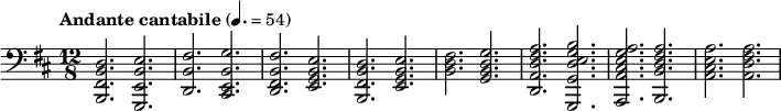 \relative c { \clef bass \time 12/8 \key d \major \tempo "Andante cantabile" 4. = 54 < d b fis b, >2. <e b e, g,> | <fis b, d,> <g b, e, cis> | <fis b, fis d> <e b g e> | <d b fis b,> <e b g e> | < fis d b > < g d b g> | < a fis d a d,> < b g e d g, g,> | < a g e cis a a,> <a fis d b b,> | < a e a, cis> <a fis a, d> }