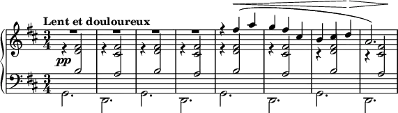 \new PianoStaff <<
\new Staff <<
\new Voice \relative c'' {
\clef treble \key d \major \time 4/4
\tempo "Lent et douloureux"
\voiceOne R2. R2. R2. R2. r4 fis( a g fis cis b cis d a2.)
}
\new Voice \relative c' {
\override DynamicLineSpanner.staff-padding = #2
\voiceTwo \stemUp \crossStaff { \override Stem.length = #7 r4\pp <d fis>2 r4 <cis fis>2 r4 <d fis>2 r4 <cis fis>2 r4 <d fis>2 r4 <cis fis>2 r4 <d fis>2 r4 <cis fis>2 }
}
\new Voice \relative c' {
\dynamicUp s2. s2. s2. s2. s4 s2\< s2. s2 s4\!\> s2 s4\!
}
>>
\new Staff <<
\new Voice \relative c' {
\clef bass \key d \major \time 3/4
\voiceOne \stemUp \override Stem.length = #8 s4 \crossStaff { b2 s4 a2 s4 b2 s4 a2 s4 b2 s4 a2 s4 b2 s4 a2 }
}
\new Voice \relative c {
\voiceTwo g2. d g d g d g d
}
>>
>>