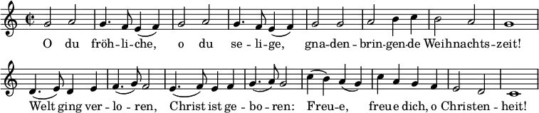 
<<
  \new Voice \relative c'' {
    \autoBeamOff
    \language "deutsch"
    \set Staff.midiInstrument = #"recorder"
    \tempo 4 = 120 \set Score.tempoHideNote = ##t
    \override Score.BarNumber #'transparent = ##t
    \time 2/2
    \repeat unfold 2 {
      g2 a g4. f8 e4 ( f )
    }
    g2 g a h4 c h2 a g1
    d4. ( e8 ) d4 e f4. ( g8 ) f2
    e4. ( f8 ) e4 f g4. ( a8 ) g2
    c4 ( h ) a ( g ) c a g f e2 d c1
  }
  \addlyrics {
    O du fröh -- li -- che, o du se -- li -- ge,
    gna -- den -- brin -- gen -- de Weih -- nachts -- zeit!
    Welt ging ver -- lo -- ren, Christ ist ge -- bo -- ren:
    Freu -- e, freu -- e dich, o Chris -- ten -- heit!
  }
>>
