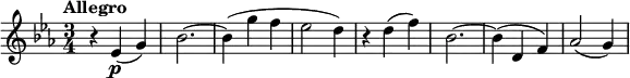 \version "2.14.2"
\relative c' {
\clef "treble"
\tempo "Allegro"
\key ees \major
\time 3/4
\tempo 4 = 144
r4 ees4\p (g)
bes2. ~
bes4 (g' f
ees2 d4)
r4 d4 (f)
bes,2. ~
bes4 (d, f)
aes2 (g4)
}