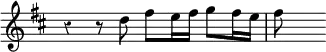 
{ \override Score.TimeSignature #'stencil = ##f \override Score.Rest #'style = #'classical \time 4/4 \key d \major \relative d'' { r4 r8 d fis e16 fis g8 fis16 e | fis8 s } }
