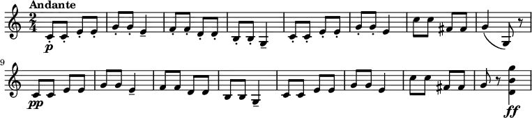 \relative c' {\set Score.tempoHideNote = ##t \time 2/4 \tempo "Andante" 8 = 110 c8-.\p c-. e-. e-. g-. g-. e4-- f8-. f-. d-. d-. b-. b-. g4-- c8-. c-. e-. e-. g-. g-. e4 c'8 c fis, fis g4( g,8) r\break c\pp c e e g g e4-- f8 f d d b b g4-- c8 c e e g g e4 c'8 c fis, fis g r <<d4\ff b' g'>>}