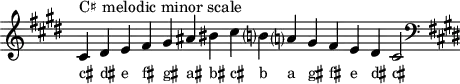 \header { tagline = ##f }
scale = \relative b { \key cis \minor \omit Score.TimeSignature
cis^"C♯ melodic minor scale" dis e fis gis ais bis cis b? a? gis fis e dis cis2 \clef F \key cis \minor }
\score { { << \cadenzaOn \scale \context NoteNames \scale >> } \layout { } \midi { } }