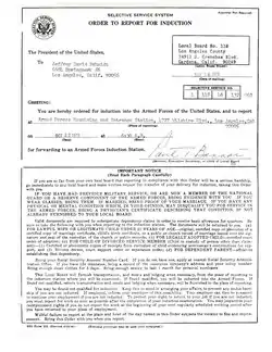 "Greeting" letter from United States president ordering selective-service-system registrant to report for induction into the armed forces
