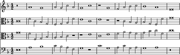{ \time 4/2 \key f \major << \relative a' { r\breve | a1 g | a2 g c a | g1 c | r g | f2 a bes c | bes1 a | e\breve }
\new Staff { \clef alto \key f \major \relative c' { c\breve | f2 c bes g | f g a f' | e1 c | e r | r2 c bes a | bes g f f' | g\breve } }
\new Staff { \clef alto \key f \major \relative g' { g\breve | f2 f, g bes | a bes c r | r1 e | c e | f2 a g f | g bes c f, | c'\breve } }
\new Staff { \clef bass \key f \major \relative e { e\breve | a1 bes | c2 bes a f | g1 r | c g | a2 c g a | g1 a | r\breve } } >> }