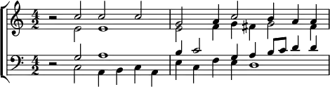 \new ChoirStaff <<
 \new Staff <<
  \new Voice \relative c'' { \time 4/2 \stemUp
    r2 c c c | g a4 c2 b4 a a }
  \new Voice \relative e' { \stemDown
    s2 e e1 | e2 f4 g fis g2 fis4 } >>
 \new Staff <<
  \new Voice \relative g { \stemUp \clef bass
    r2 g a1 | b4 c2 g4 a b8 c d4 d }
  \new Voice \relative c { \stemDown
    s2 c a4 b c a | e' c f e d1 | } >> >>