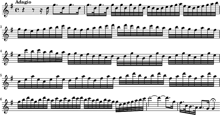 
\new Staff = "piccolo" \with {midiInstrument = "flute"} \relative c'' {
  \transposition c'
  \key g \major
  \tempo "Adagio"
  \autoBeamOff
  r4 r8 r16 d g8.[ d16 g8. d16]
  \autoBeamOn
  g16. d32 g16. d32
    g d g d g d g d
    e d c d e fis g a
    fis e d e fis g a b
  g fis e fis g a b c
    a g fis g a b c d
    b d c b a c b a
    g b a g fis a g fis
  e c' b c a b g a
    fis g e fis d e c d
    b d g d b d g d
    c e g e c e g e
  c e a e c e a e
    d fis a fis d fis a fis
    g b d b g b d b
    fis a d a fis a d a
  g b d b g b d b
    a c a c a d c d
    b c a b g b a g
    g d e fis g a b c
  d2~ d4~ d8. g,16
  fis16. c32 b16. a32 a8. g16 g4\fermata
}
