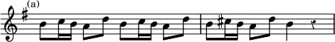 { \relative b' { \mark \markup \small (a) \key g \major \override Score.TimeSignature #'stencil = ##f \override Score.Rest #'style = #'classical
  b8 c16 b a8 d b c16 b a8 d | b8 cis16 b a8 d b4 r } }