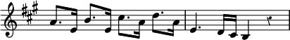 \relative a' { \override Score.TimeSignature #'stencil = ##f \override Score.Rest #'style = #'classical \time 4/4 \key a \major
a8. e16 b'8. e,16 cis'8. a16 d8. a16 | e4. d16 cis b4 r }