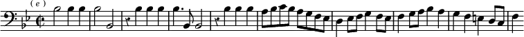 \relative b { \clef bass \key bes \major \time 2/2 \override Score.BarNumber #'break-visibility = #'#(#f #f #f) \override Score.Rest #'style = #'classical \mark \markup \tiny { ( \italic e ) }
bes2 bes4 bes | bes2 bes, |
r4 bes' bes bes | bes4. bes,8 bes2 |
r4 bes' bes bes | %end of first line
a8 bes c bes a g f ees | d4 ees8 f g4 f8 ees |
f4 g8 a bes4 a | g f e d8 c | f4 }
