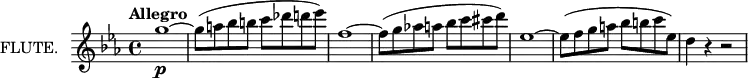 \new Staff = "flute" \with {
instrumentName = "FLUTE."
midiInstrument = "flute"
} \relative c'' {
\key ees \major
\tempo "Allegro"
g'1~\p
g8( a bes b c des d ees)
f,1~
f8( g aes! a bes c cis d)
ees,1~
ees8( f g a bes b c ees,)
d4 r r2
}
\layout {
indent = 2\cm
}