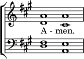 
\new ChoirStaff << 
  \new Staff { \clef treble \time 4/2 \key a \major \set Staff.midiInstrument = "church organ" \omit Staff.TimeSignature \set Score.tempoHideNote = ##t \override Score.BarNumber  #'transparent = ##t
  \relative c'' 
  << { a1 a } \\ { d, cis } >> 
  } 
\addlyrics { A -- men. } 
\new Staff { \clef bass \key a \major \set Staff.midiInstrument = "church organ" \omit Staff.TimeSignature
  \relative c
  << { fis e } \\ { d a } >>
  } 
>>
\layout { indent = #0 }
\midi { \tempo 2 = 72 }
