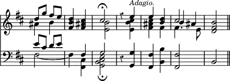 { \override Score.TimeSignature #'stencil = ##f << \new Staff \with {midiInstrument = #"drawbar organ"} \key b \minor \time 2/4 \override Score.Rest #'style = #'classical \relative e'' << { d8 g fis e <d b fis>4 <cis ais fis> cis2\fermata | r4 e^\markup { \smaller \italic Adagio. } e <d b> cis2 <b fis d> \bar "||" } \\ { ais4 b s2 <b e,> | s4 <cis b e,> <cis ais fis> fis, fis4. e8 } \\ { s2*5 b'4 ais } >>
\new Staff \with {midiInstrument = #"drawbar organ"} { \clef bass \key b \minor \relative e' { << { e8 cis d e s4 fis, g2 } \\ { fis2 ~ fis4 <cis fis,> <e cis b g>2\fermata } >> r4 <g g,> <fis fis,> <b b,> <fis fis,>2 b, } } >> }