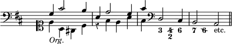 { \new Staff << \override Score.TimeSignature #'stencil = ##f \partial 8 \clef bass \key d \major \override Score.Rest #'style = #'classical
\new Voice \relative c'' { \once \hideNotes cis8 \bar "" \clef soprano \stemUp
cis4 fis2 e4 | a, d2 cis4 | fis \clef bass d,,2 cis4 | b2 a_"etc." \bar "||" }
\new Voice \relative e' { \stemDown
s8 | e4_\markup \italic "Org." a, gis cis | r fis e a | fis }
\figures { s8 s1 s s4 <3> <4/ 2> <6> <7> <6\\> } >> }