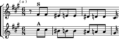 \layout {
\context { \Score \remove "Timing_translator" \remove "Default_bar_line_engraver" }
\context { \Staff \consists "Timing_translator" \consists "Default_bar_line_engraver" } }
\header { tagline = ##f }
\score { \new ChoirStaff <<
\new Staff \relative f' { \key fis \minor \time 6/8 \mark \markup \tiny { (\italic"a") }
r8 fis^\markup \bold "S" fis eis e e | dis d d cis16 }
\new Staff \relative c'' { \key fis \minor \partial 4. \time 6/8
s8 cis^\markup \bold "A" cis | bis b b ais a a | gis16 } >> }