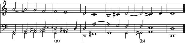 { \override Score.TimeSignature #'stencil = ##f \time 3/2 \partial 2 << \relative a' { a2 ~ | a g f | f e1 | d2 c1 | b2 cis d ~ | d cis2. d4 | d1 \bar "||" }
\new Staff { \clef bass << \relative a, { a2 | b cis d ~ d cis2. d4 | d2 a'1 ~ | a2 g f | f e1 | d } \\ \relative f, { f2 | g a bes | g_\markup { (a) } a1 | d,2 fis1 | g g2 | gis_\markup { (b) } a1 | d, } >> } >> }