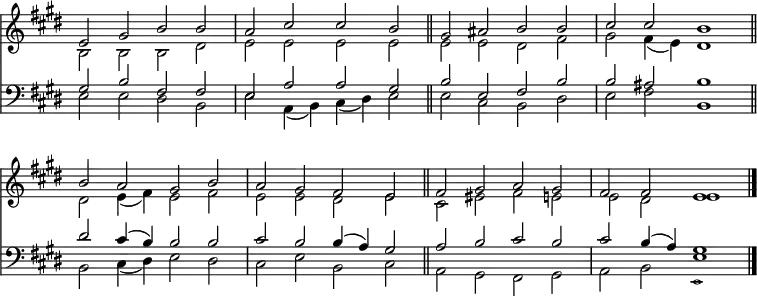 
<< <<
\new Staff { \clef treble \time 4/2 \key e \major \set Staff.midiInstrument = "church organ" \omit Staff.TimeSignature \set Score.tempoHideNote = ##t \override Score.BarNumber  #'transparent = ##t
  \relative c'
  << { e2 gis b b | a cis cis b \bar"||" | gis ais b b | cis cis b1 \bar"||"
  b2 a gis b | a gis fis e \bar"||" | fis gis a gis | fis fis e1 \bar"|." } \\
  { b2 b b dis | e e e e | e e dis fis | gis fis4( e) dis1 |
  dis2 e4( fis) e2 fis | e e dis e| cis eis fis e | e dis e1 } >>
}
\new Staff { \clef bass \key e \major \set Staff.midiInstrument = "church organ" \omit Staff.TimeSignature
  \relative c'
  << { gis2 b fis fis | e a a gis | b e, fis b | b ais b1 |
  dis2 cis4( b) b2 b | cis b b4( a) gis2 | a b cis b | cis b4( a) gis1 } \\
  { e2 e dis b | e a,4( b) cis( dis) e2 | e cis b dis | e fis b,1 |
  b2 cis4( dis) e2 dis | cis e b cis | a gis fis gis | a b <<
      \new Voice = "alternative" {
        \voiceOne  { 
          e1
        }
      }
      {
        \voiceTwo \magnifyMusic 0.63 {
          e,
        }
          \oneVoice
        } >> } >>
}
>> >>
\layout { indent = #0 }
\midi { \tempo 4 = 96 }
