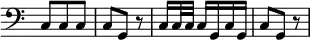 { \override Score.TimeSignature #'stencil = ##f \time 3/8 \clef bass \relative c { c8 c c c g r c16[ c32 c] c16[ g c g] c8 g r } }