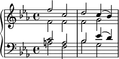 \new PianoStaff <<
\relative c'' {
\new Staff {
\key ees \major
<<
{ f2 c2 d2 c4( bes4) }
\\
{ f2 f2 f2 g2 }
>>
}
}
\new Staff {
\relative c' {
\clef "bass"
\key ees \major
<<
{ c2 a2 bes2 ees4( d4) }
\\
{ a2 f2 bes2 g2 }
>>
}
}
>>