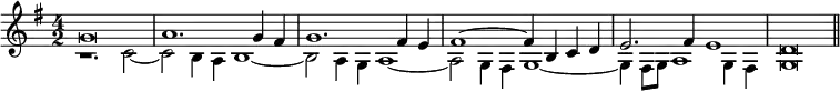 { \time 4/2 \key g \major \relative g' << { g\breve a1. g4 fis g1. fis4 e fis1 ~ fis4 b, c d e2. fis4 e1 d\breve \bar "||" } \\ { r1. c2 ~ c b4 a b1 ~ b2 a4 g a1 ~ a2 g4 fis g1 ~ g4 fis8 g a1 g4 fis g\breve } >> }