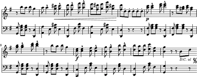 { \override Score.Rest #'style = #'classical \override Score.TimeSignature #'stencil = ##f \time 6/8 \key g \major << \relative b'' { r8 b a b g4 | a8 a4-^ <g cis>8\< q4-^ | <fis d'>8 q4-^ <a fis'>8 q4-^ | <g e'>8 <fis dis'> <g e'> <b g'> <g cis>4 | <fis d'>8\! d-. d-. d-. d-. d-. | <a' c>\p q4-^ <c e>8 q4-^ | r8 <a c> <gis b> <a c> <fis a>4 | <g b>8 q4-^ <b d>8 q4-^ | r8 b a b g4 | <e c>8\f q4-^ <fis c>8 <fis c>4-^ | <g b,>8 q4-^ <b d,>8 <b d,>4-^ | <b d,>8 <a c,> <b d,> <c e,> <fis, c>4 | <g b,> r8 r b,_\markup { \smaller \italic "D.C. al " \musicglyph #"scripts.segno" } d \bar ".|." }
\new Staff { \clef bass \key g \major \relative g { <g g,>8 <b g d>[ q] r <d, d,>4 | <a a'> e'8 <g cis> e4 | <d d,> fis8 <a d> fis4 | <a a,> e8 <g cis> e4 | <d d,> r8 r4 r8 | <fis fis,> <fis a c>[ q] r <d d,>4 | <fis fis,>8 <fis a c>[ q] r <d d,>4 | <g g,>8 <b g d>[ q] r <d, d,>4 | <g g,>8 <b g d>[ q] r <d, d,>4 | <c c,>4 e8 <a c> e4 | <d d,> d8 <g b> d4 | <d d,> fis8 <a c> fis4 | <g g,> r8 r4 r8 } } >> }