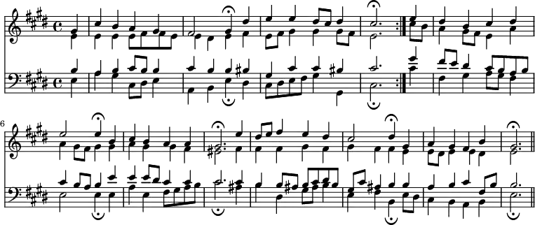 << \new Staff { \key e \major \time 4/4 \partial 4 << \new Voice \relative g' { \stemUp \repeat volta 2 { gis4 | cis b a gis | fis2 gis4\fermata dis' e e dis8 cis dis4 | cis2.\fermata } e4 | dis b cis dis e2 e4\fermata b | cis b a a | gis2.\fermata e'4 dis8 e fis4 e dis | cis2 dis4\fermata gis, a gis fis b | gis2.\fermata \bar "||" }
\new Voice \relative e' { \stemDown e4 e e e8 fis fis e | e4 dis e fis | e8 fis gis4 gis gis8 fis | e2. cis'8 b | a4 gis8 fis e4 a | a gis8 fis gis4 gis a gis gis fis | eis2. fis4 | fis fis gis fis | gis fis fis e | e8 dis e4 e dis | e2. } >> }
\new Staff { \clef bass \key e \major << \new Voice \relative b { \stemUp b4 | a b cis8 b b4 | cis b b bis | gis cis cis bis | cis2. gis'4 | fis8 e dis4 cis8 b a b | cis4 b8 a b4 e | e e8 dis cis4 cis | cis2. cis4 | b b8 ais b cis dis b | gis cis ais4 b b | a b cis fis,8 b | b2. }
\new Voice \relative e { \stemDown e4 | a gis cis,8 dis e4 | a, b e_\fermata dis | cis8 dis e fis gis4 gis, | cis2._\fermata cis'4 fis, gis a8 gis fis4 | e2 e4_\fermata e | a e fis8 gis a b | cis2._\fermata ais4 | b dis, gis8 ais b4 | e, fis b,_\fermata e8 dis | cis4 b a b | e2._\fermata } >> } >>