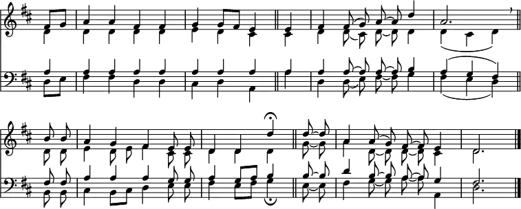 
<< <<
\new Staff { \clef treble \time 4/4 \key d \major \partial 4 \set Staff.midiInstrument = "church organ" \omit Staff.TimeSignature \set Score.tempoHideNote = ##t \override Score.BarNumber  #'transparent = ##t
  \relative c'
  << { fis8 g | a4 a fis fis | g g8 fis e4 \bar"||" 
       e | fis \autoBeamOff fis8( g) a ~ a d4 | a2. \breathe \bar"||" \break
       b8 b | a4 g fis e8 e | d4 d d' \fermata \bar"||"
       d8 ~ d | a4 8( g) fis ~ fis e4 | d2. \bar"|." } \\
  { d4 | d d d d | e d cis cis | d \autoBeamOff d8( cis) d ~ d d4 | d( cis d)
    d8 d | e4 d8 e fis4 cis8 8 | d4 d d g8 ~ g | a4 d,8 ~ d d ~ d cis4 | d2. } >>
}
\new Staff { \clef bass \key d \major \set Staff.midiInstrument = "church organ" \omit Staff.TimeSignature
  \relative c'
  << { a4 | a a a a | a a a a | a \autoBeamOff a8 ~ a a ~ a b4 | a( g fis)
       fis8 8 | a4 a a g8 g | a4 g8[ a] b4 8 ~ 8 | d4 b8 ~ b a ~ a g4 | fis2. } \\
  { d8 e | fis4 4 d d | cis d a a' | d, \autoBeamOff d8( e) fis ~ fis g4 | fis( e d)
    b8 b | cis4 b8[ cis] d4 e8 e | fis4 e8[ fis] g4 \fermata
    e8 ~ e | fis4 g8 ~ g a ~ a a,4 | d2. } >>
}
>> >>
\layout { indent = #0 }
\midi { \tempo 4 = 92 }
