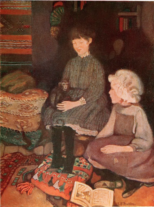 two girls sitting togther, one with a little monkey on her lap