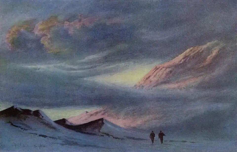 Watercolour of alpenglow on a snowy hill with two people in the foreground