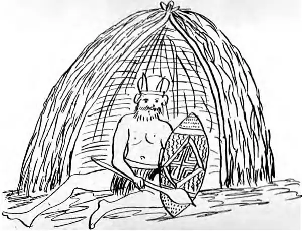 A native with shield and waddy in front of his camp