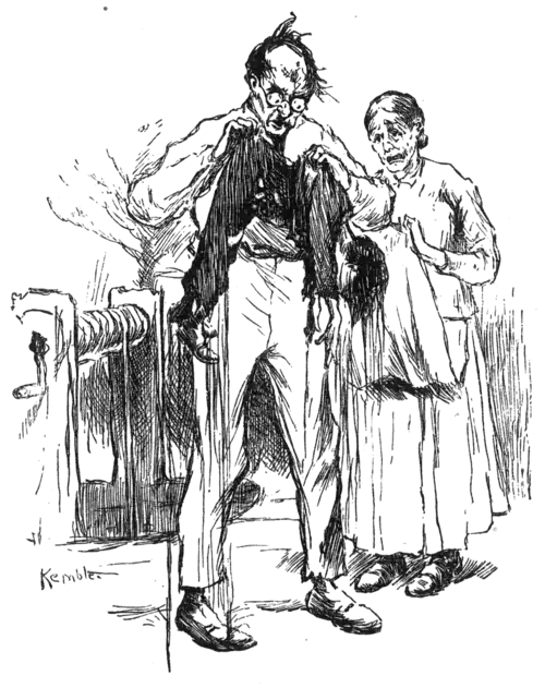 man holding dripping wet small boy; woman crying