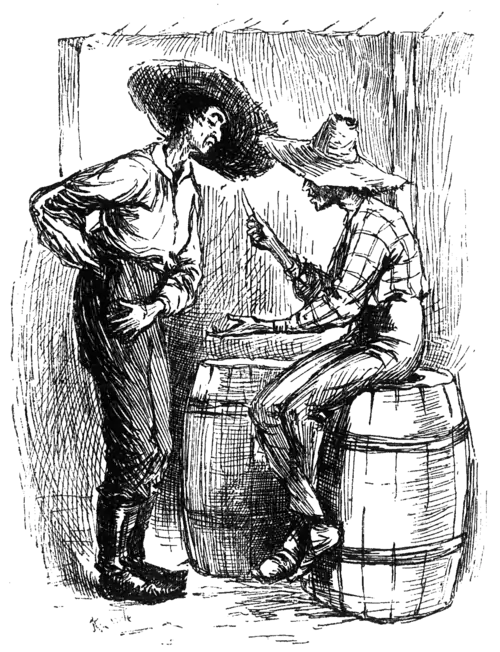 two men, one sitting on a barrel