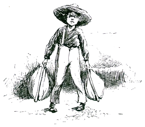 boy carrying bulging carpet bags