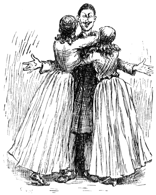 two women hugging a man