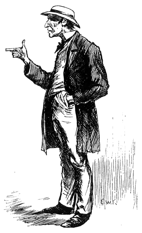 man in long black coat, pointing his finger