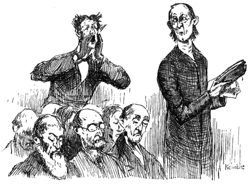 man callin out to a seated group of people