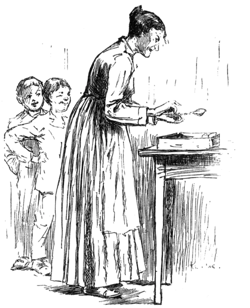 boys watching woman counting spoons