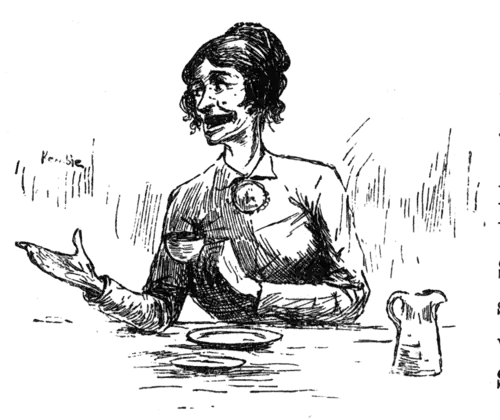 woman talking, with a tea cup in her hand