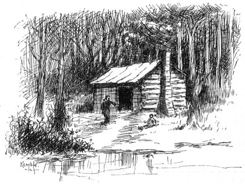 cabin in the woods near a river