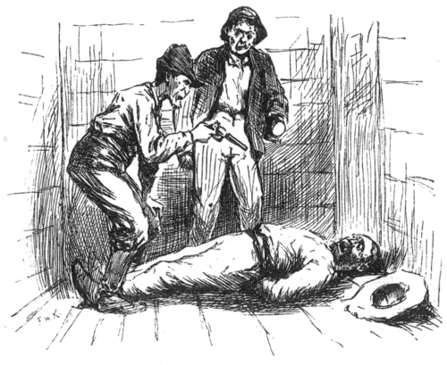 man on floor, two men standing above him, one holding a gun