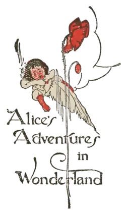 A girl sleeping amongst grass and red flowers; Alice's Adventures in Wonderland.