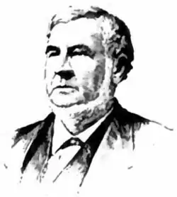 A line drawing of Davis' profile, dressed in a suit