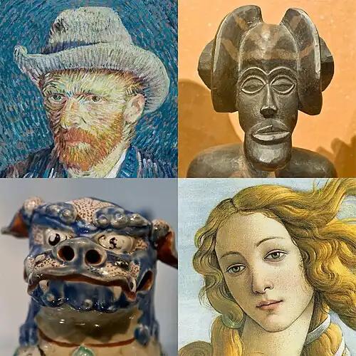 A collage of four colour photographs. Clockwise from upper left: A painted self-portrait from Vincent van Gogh, a wooden African Chokwe-statue, detail from the painting Birth of Venus by Sandro Botticelli and a porcelain Japanese Shisa lion.